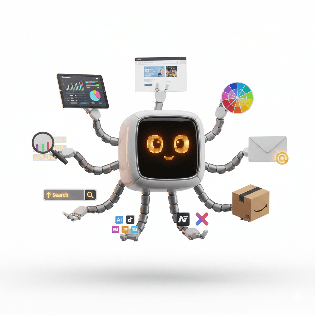 Landia AI mascot with robotic arms managing marketing tasks